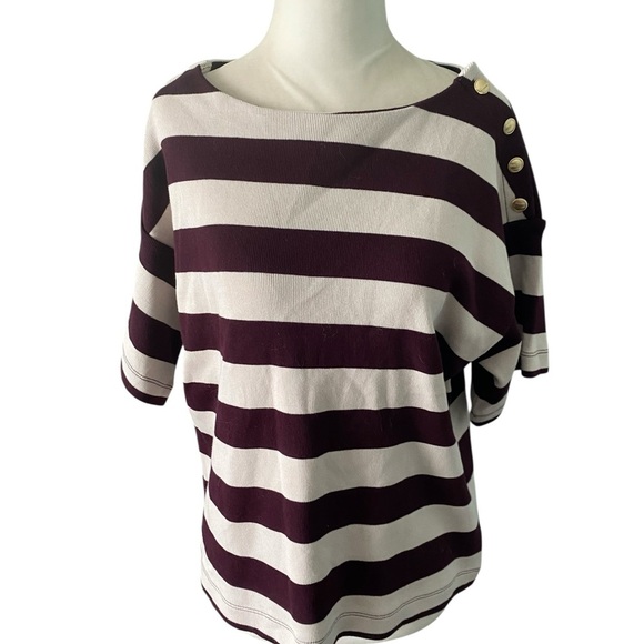 Ann Taylor Weekend Striped Ribbed button Top - Picture 3 of 12